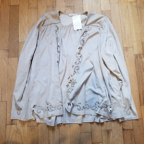 Soft Surroundings Florentine Soft Faux Suede Laser Cut Ofen Front Cardigan Tan - Picture 5 of 5